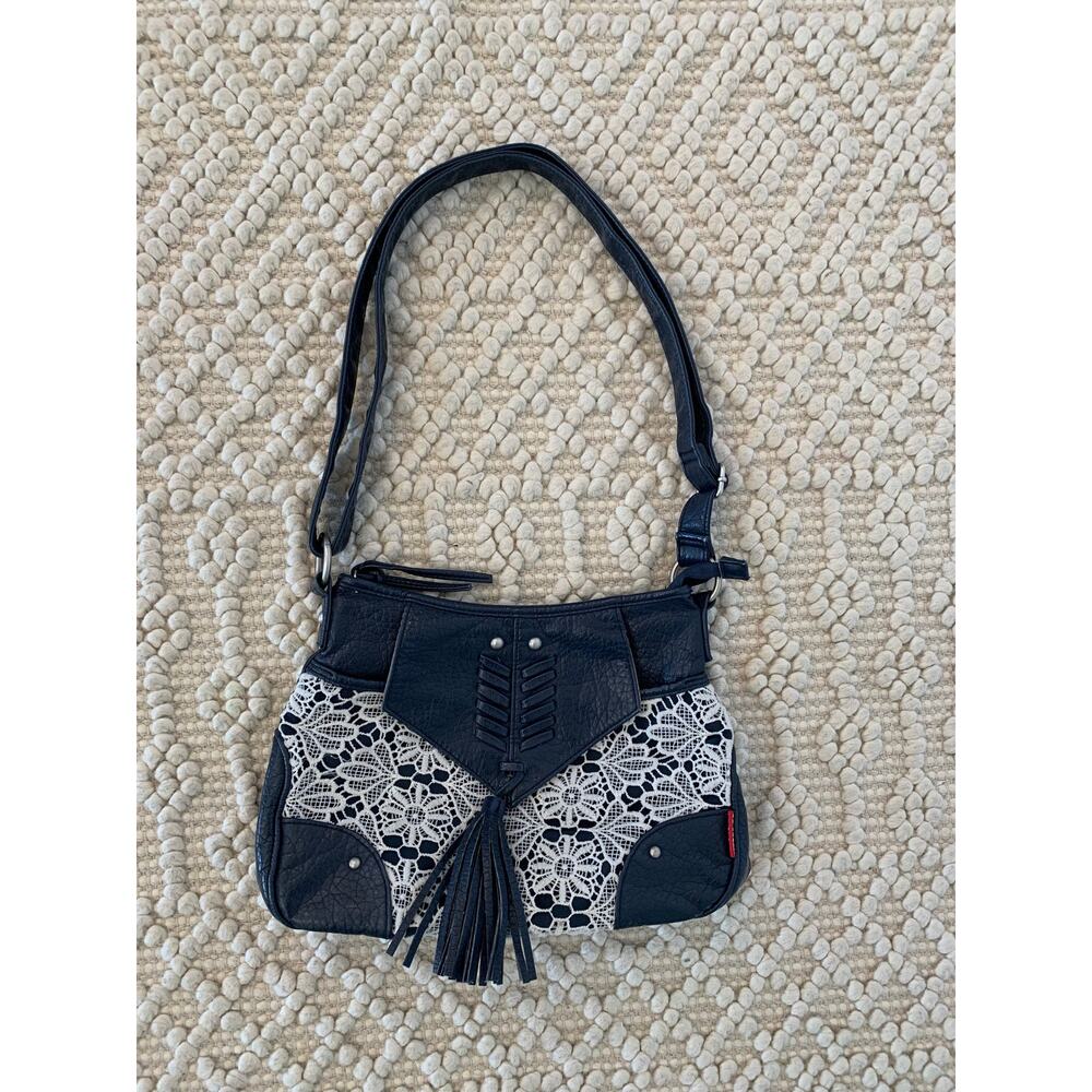 Unionbay Y2K Retro Shoulder Purse Blue Faux Leather Lace Panel Boho
